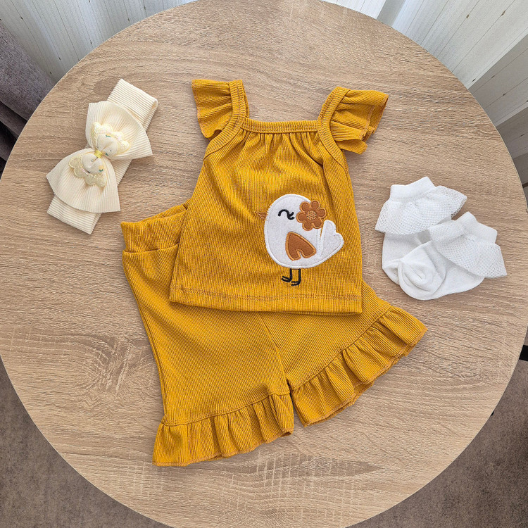 تاپ و شلوارک نوزادی کبریتی طرح جوجه